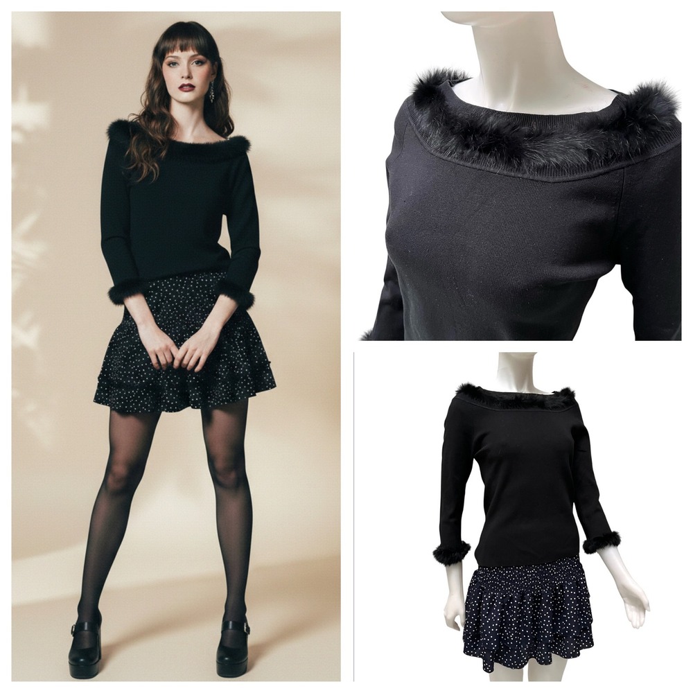 Vtg Sweaterworks Silk Knit Top Rabbit Fur Trim Black Off Shoulder Y2K Coquette M